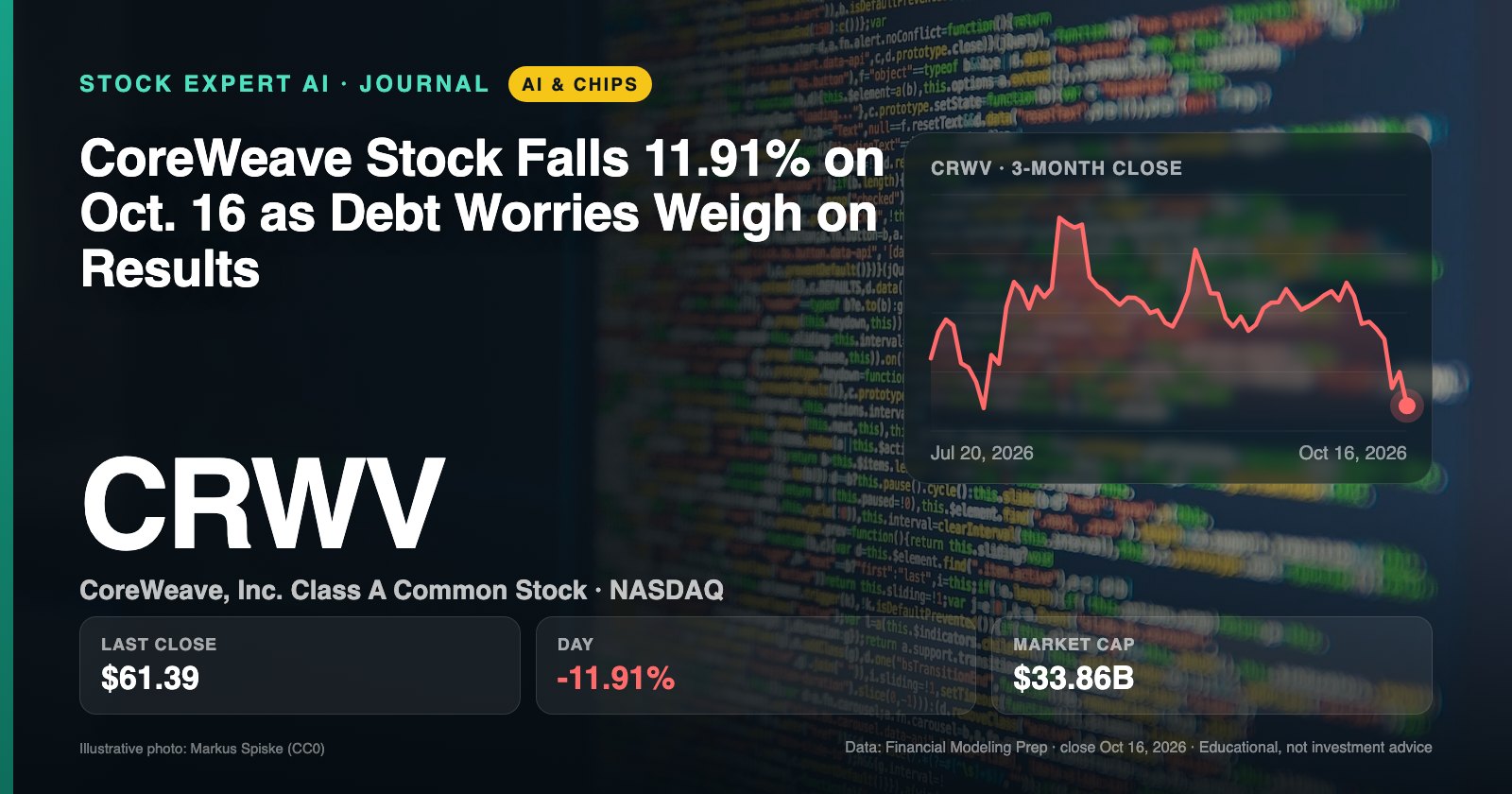 Data cover: CoreWeave Stock Falls 11.91% on Oct. 16 as Debt Worries Weigh on Results